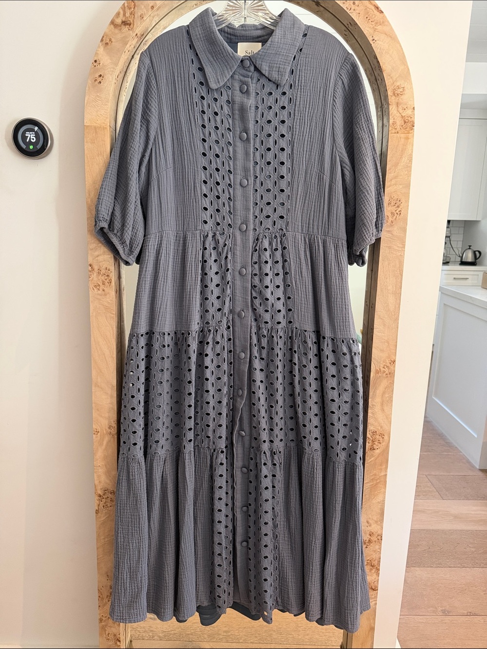 SALT Womens Steel Blue Button-Front Eyelet Tiered maxi Dress cottage core sz L